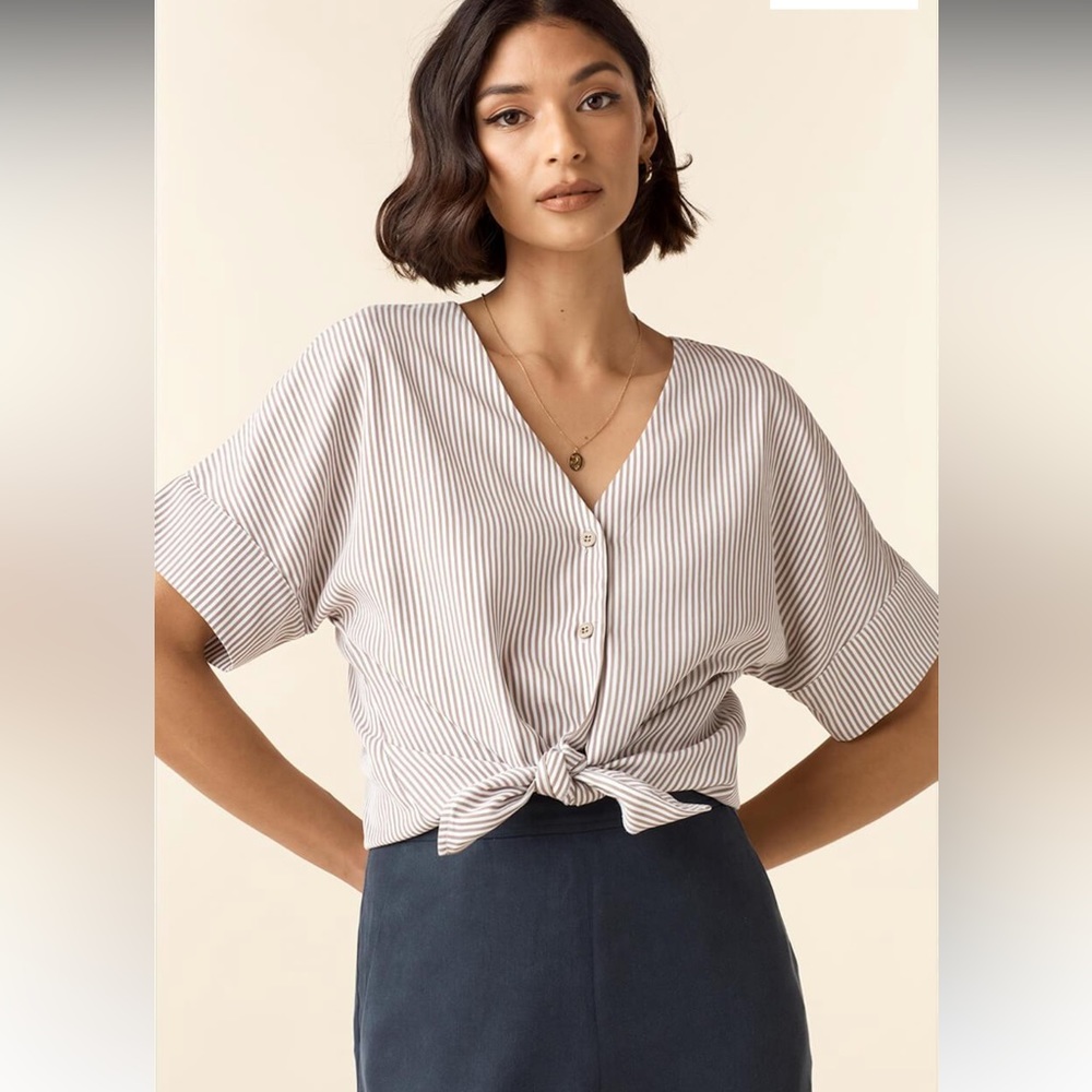 NWT Vetta Capsule taupe stripe girlfriend shirt
